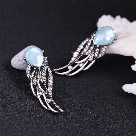 GlitzBlitz Jewelry - Antiqued Silver Blue Crystal Angel Wing Earrings